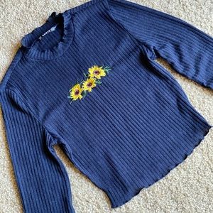 SHEIN lettuce trim embroidered rib-knit tee